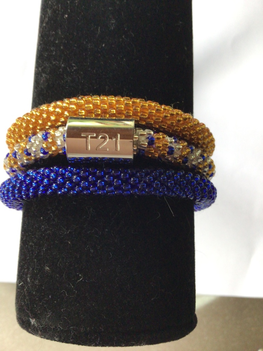 Gold & Blue 7” Sashka Roll On Bracelets with Down Syndrome Charm, 3 Pcs